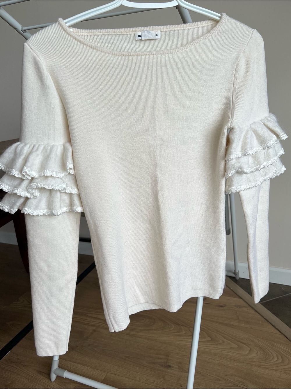 Club Monaco Cream Ruffle-Sleeve Knit Wool Sweater